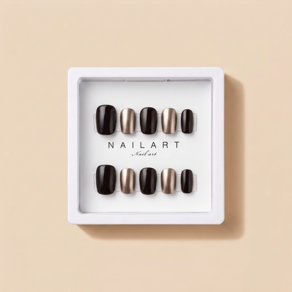 Ongles foncés et champagne dans le coffret du modèle